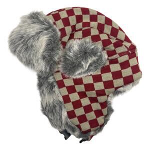 Red Checkered Aviator Hat Faux Fur Winter Ski Trooper Trapper Ear Flap Cap